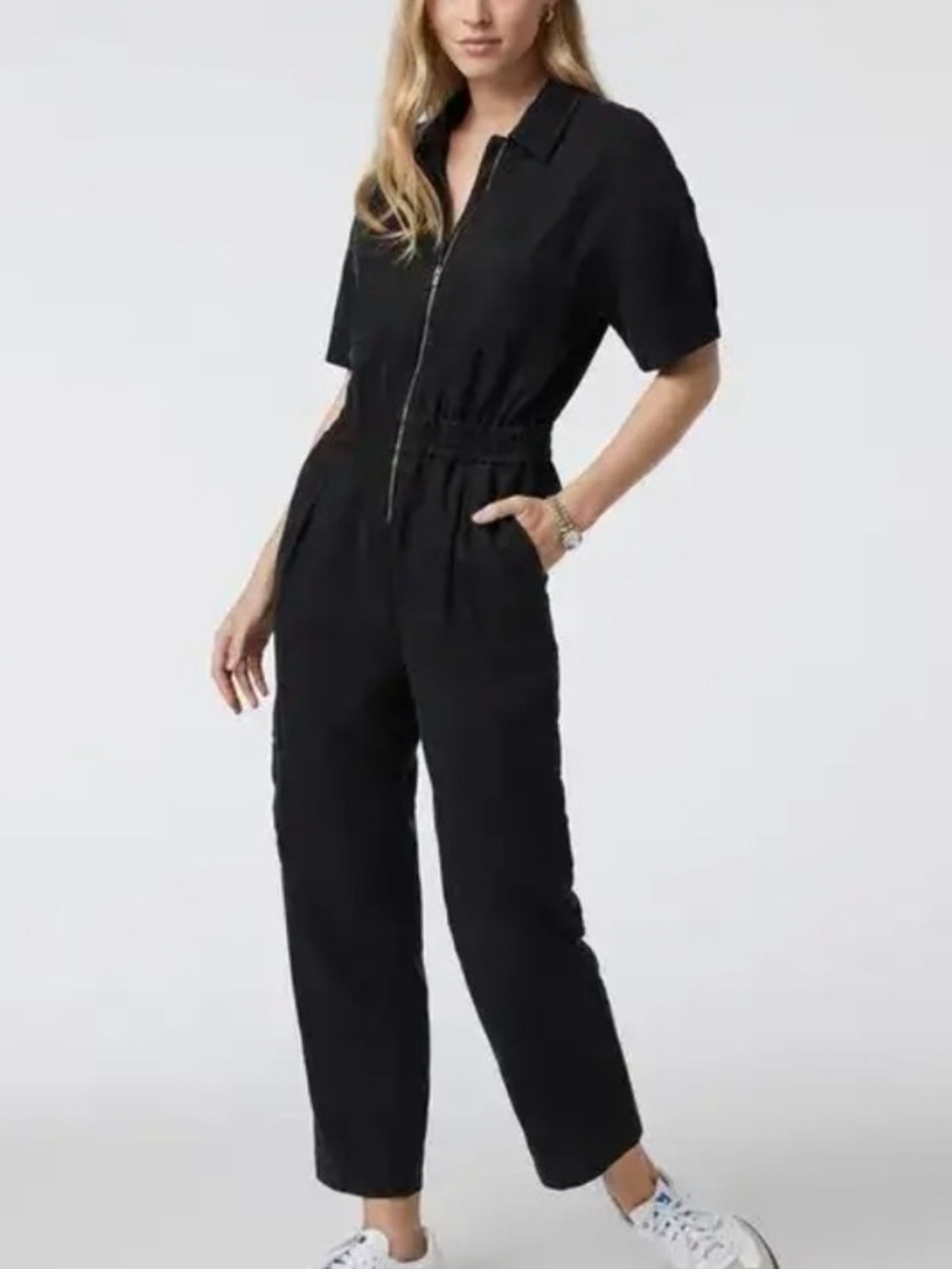 Vuori Coastline Short Sleeve Jumpsuit Zip Front Lyocell Twill Black Size Small